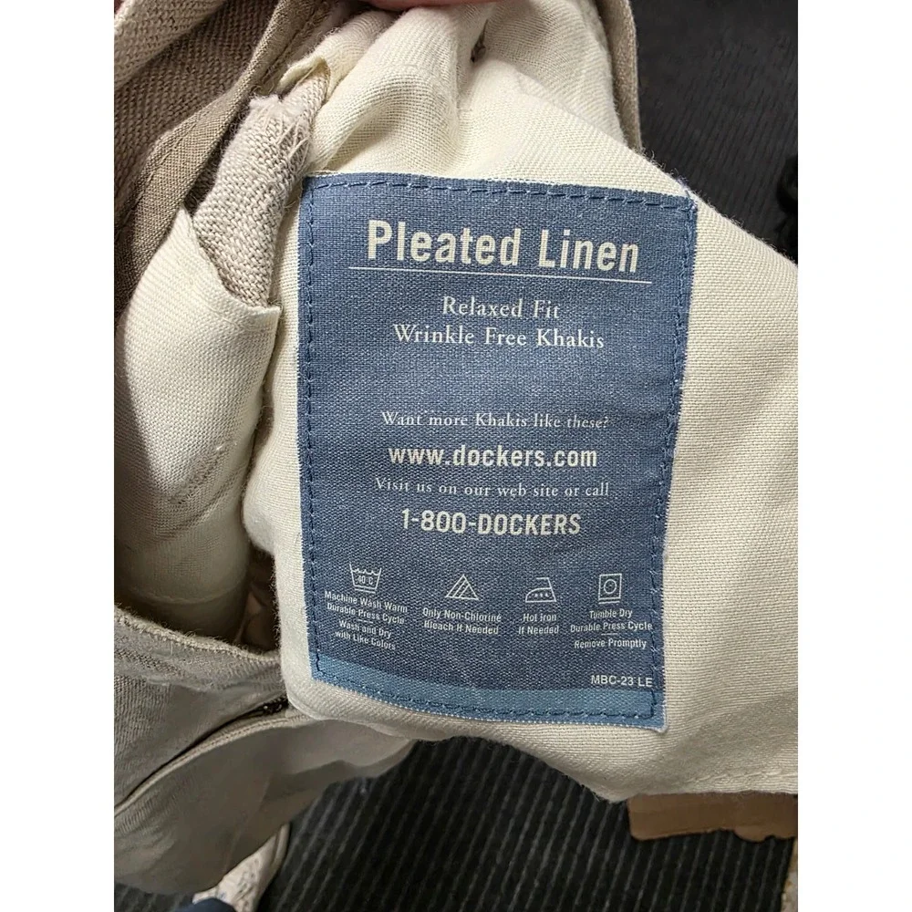 Dockers Mens Pleated Linen Relaxed Fit Wrinkle Free Khaki Pants Beige 30x26.5